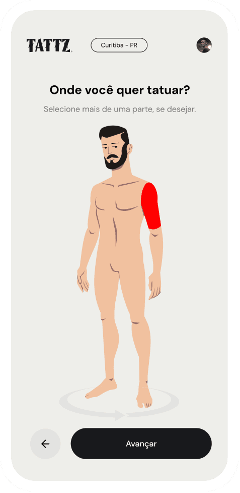 Página onde você define o tamanho da tatuagem